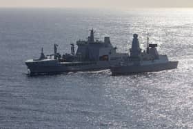 HMS dragon en-route to Cyprus. Pictured: 18 Mar 2026 - HMS Dragon (right) conducting a Replenishment at Sea with RFA Tideforce whilst undergoing Fleet Operational Standards and Training.