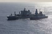 HMS dragon en-route to Cyprus. Pictured: 18 Mar 2026 - HMS Dragon (right) conducting a Replenishment at Sea with RFA Tideforce whilst undergoing Fleet Operational Standards and Training.