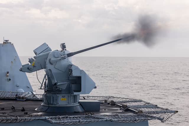 HMS Dragon conducting Gunnery serials at sea using the ships 4.5 gun, 30mm (pictured) and phalanx weaponry as part of Fleet Operational Standards and training exercises.
