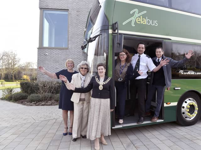 Fareham Live has partnered with Xelabus, who will be providing heavily discounted travel for school children to access the arts. 
Pictured is: (l-r) Sally Clark, coach hire manager at Xelabus, cllr. Connie Hockley, the Mayor of Fareham cllr. Louise Clubley, Sheena Hulme, theatre director at Fareham Live, Elliott Ray, operations supervisor and Rob Palmer, compliance manager at Xelabus. 
Picture: Sarah Standing (230326-7564)