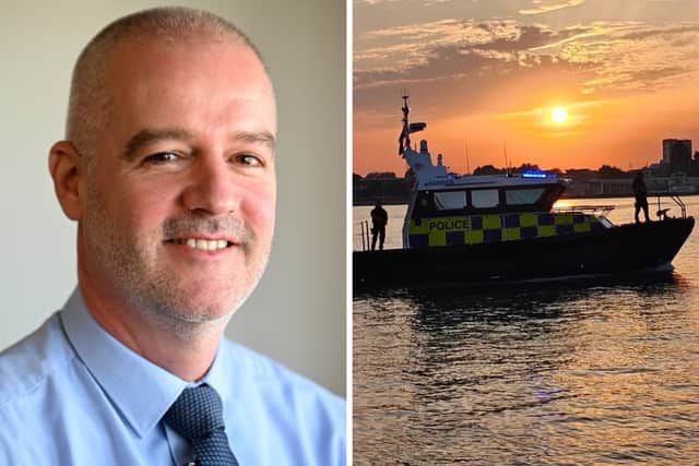 From L: UK Docks managing director James Wilson and an Island-class MoD police patrol craft.
