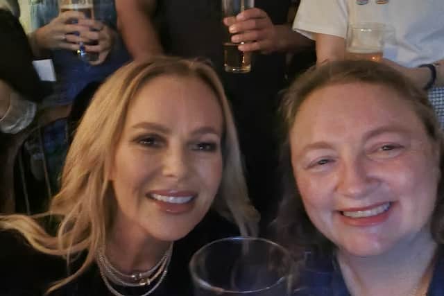 Pictured: (left to right) Amanda Holden with Gwen Woodruffe as the Hawkstone Farmers Choir watch their Britain's Got Talent audition.