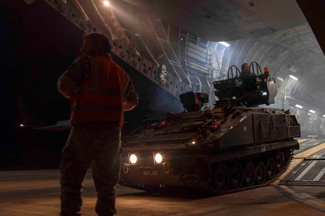 Image shows Starstreak armed Stormer air defence battery from Royal Artillery being unloaded from a C-17, by RAF movers at a British base in Cyprus.