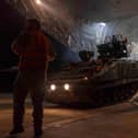 Image shows Starstreak armed Stormer air defence battery from Royal Artillery being unloaded from a C-17, by RAF movers at a British base in Cyprus.