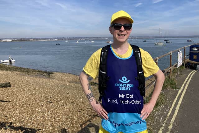 Blind artist Clarke Reynolds known as Braille creative Mr Dot, who is set to run the Brighton Marathon with the help of Meta AI glasses connected to an app