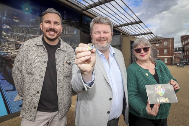 Pictured: CP Robinson from Portsmouth Pride Trust, with Domonic Jones CEO of the Mary Rose with Jane Lamer of Portsmouth City Council 
Picture: Habibur Rahman