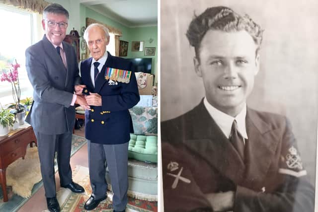 Second World War veteran Harry Waddington has died at the age of 109. Pictured: Harry on his 108th birthday with the President of RNA Eastbourne, RAdm John Kingwell CB, and the sailor as a young man during World War II.