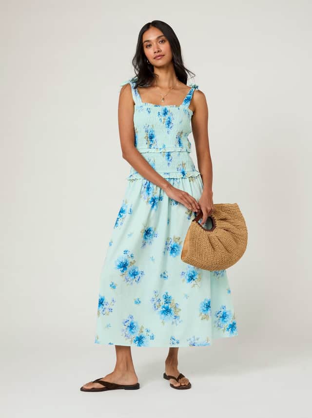 Pure Cotton Floral Midi Shirred Dress