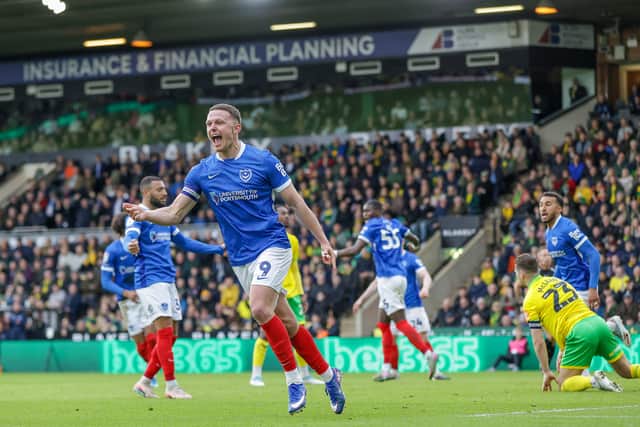 Colby Bishop celebrates Pompey’s equaliser against Norwich in April. Picture: Jez Tighe/ProSportsImages