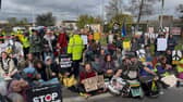 Demonstrators during an anti-war blockade outside RAF Lakenheath in Suffolk. Picture date: Saturday April 4, 2026. 