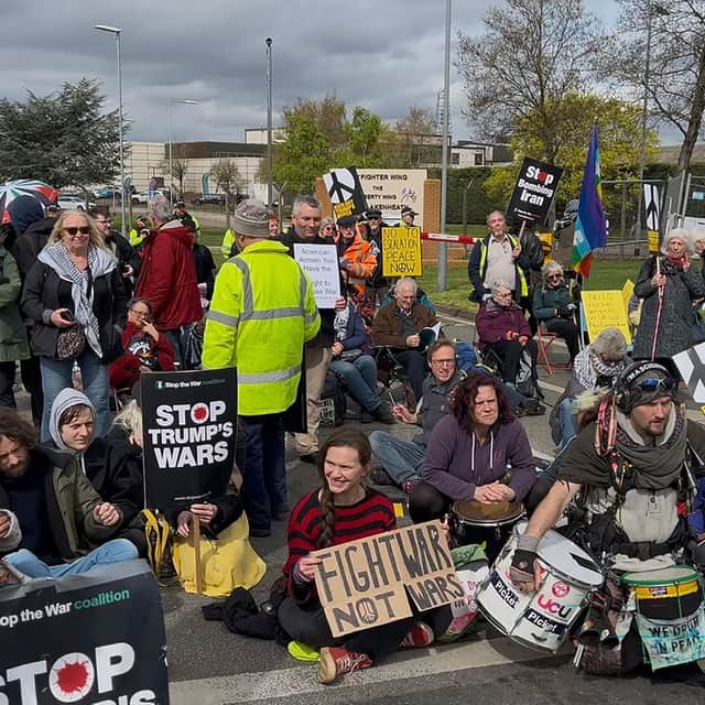 Demonstrators during an anti-war blockade outside RAF Lakenheath in Suffolk, where  United States Air Force's (USAF) 48th Fighter Wing is stationed. Picture date: Saturday April 4, 2026.