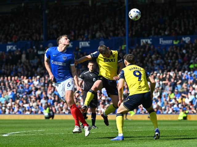 Conor Shaughnessy heads the ball towards goal in Pompey's 2-2 draw with Oxford United. Picture: Graham Hunt/ProSportsImages