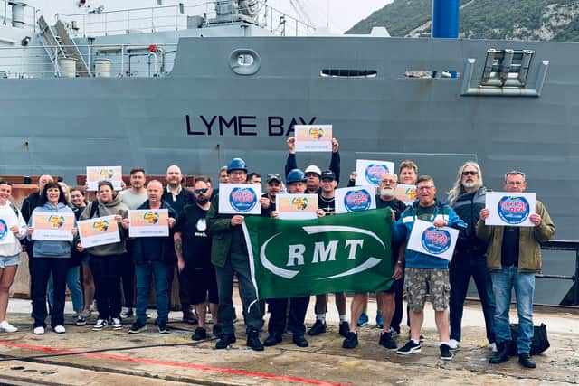 Royal Fleet Auxiliary sailors on strike aboard the support ship RFA Lyme Bay in Gibraltar. The civilian sailors who regularly support the Royal Navy are taking industrial action amid a bitter row over pay and conditions.
