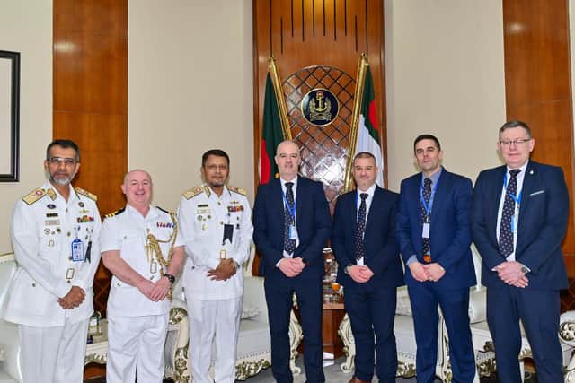 Bangladesh's Rear Admiral Mohammad Musa, assistant chief of naval staff, UK Royal Navy defence attache, Commander Lee Norton, Admiral M Nazmul Hassan, chief of naval staff, meet UK Docks' directors.