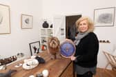 Annie Flitcroft  with her dog, Chewie at her studio at Castle Road, Southsea, Portsmouth 