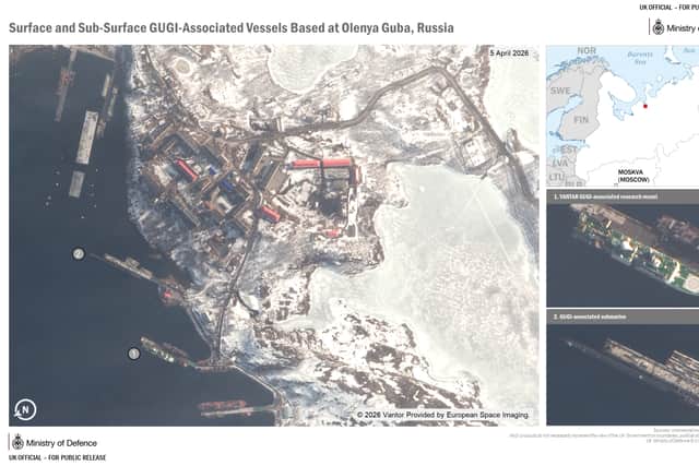 Handout composite image issued by the Ministry of Defence showing of surface and sub-surface GUGI-associated vessels based at Olenya Guba in Russia.