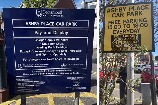 Signs in Ashby Place car park in Southsea
