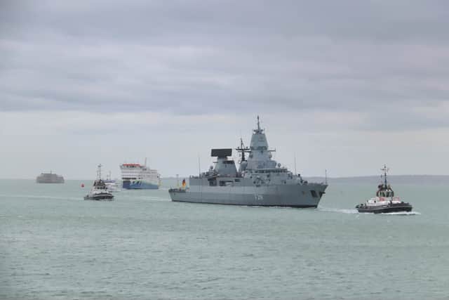 German frigate Sachsen, which has replaced the Royal Navy destroyer HMS Dragon as the flagship of a Nato operation, arriving into Portsmouth.