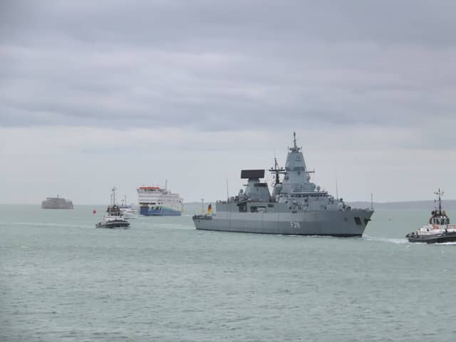 German frigate Sachsen, which has replaced the Royal Navy destroyer HMS Dragon as the flagship of a Nato operation, has arrived in Portsmouth.