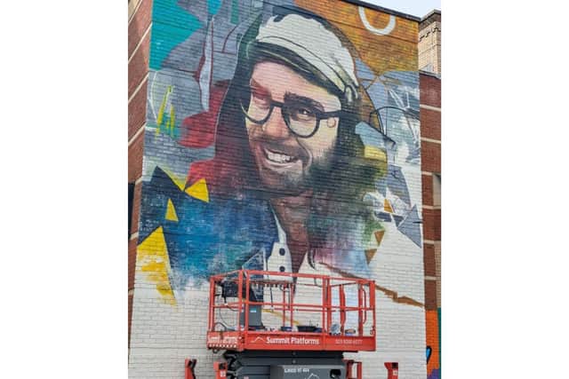 A picture of the mural in progress at Pitt St. Skatepark honouring Portsmouth artist and skateboarder Joseph Loughborough.