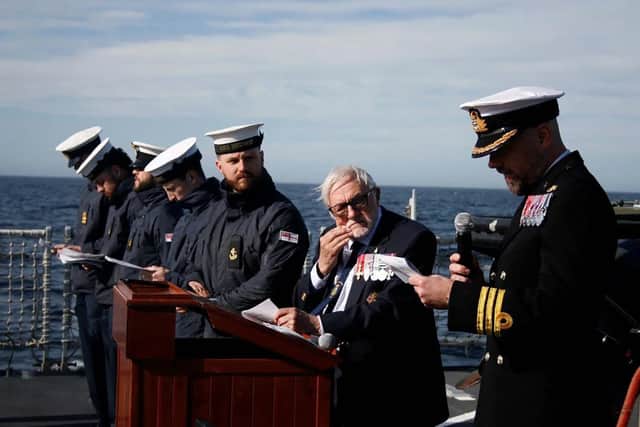 Royal Navy sailors aboard HMS Medway honoured the 44th anniversary of the loss of HMS Sheffield, hosting Falklands War veteran Commander Mike Norman,