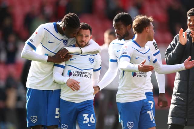 Conor Chaplin celebrates with team-mates at the final whistle following his dramatic 97th-minute equaliser. Picture: Richard Sellers/PA Wire.