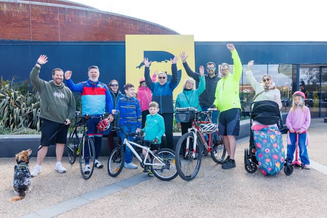Six-year-old Rudy with his family and friends after completing a 10k cycling challenge to raise money for Help for Heroes.