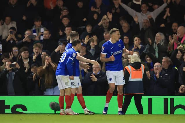 Colby Bishop celebrates after make it 2-0 to Pompey on the stroke of half-time against Ipswich. Picture: Simon Roe/ProSportsImages