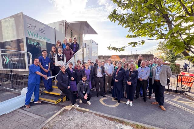 Staff at University Hospital Southampton Foundation Trust, which runs Southampton General, mark the opening of two temporary endoscopy units, after the department's home was destroyed in a fire on February 1