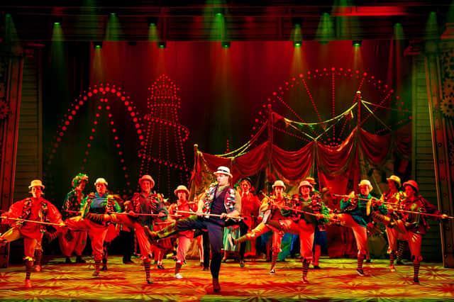 Paul Clements, as Caracatus Potts, and the ensemble give it a bit of the 'Ol' Bam-Boo' in Chitty Chitty Bang Bang at the Kings Theatre in Southsea.