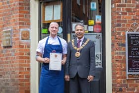 Luke Emmess has been awarded a special certificate of recognition after making it to the finals of MasterChef: The Professionals. 

Pictured: Luke Emmess (left) with Winchester City Council's Mayor Cllr Sudhakar Achwal (right). 
