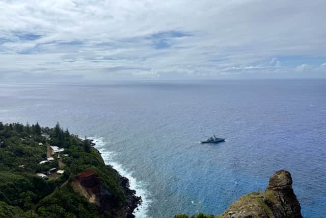 HMS Tamar, Royal Navy offshore patrol vessel, pictured off the coast of Pitcairn Islands.