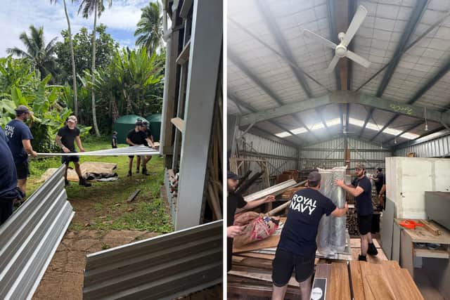 HMS Tamar sailors helping to rebuild a community centre on Pitcairn Island.