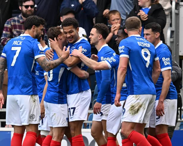 Pompey celebrate Ibane Bowat's goal against Leicester City. Pic Graham Hunt/ProSportsImages