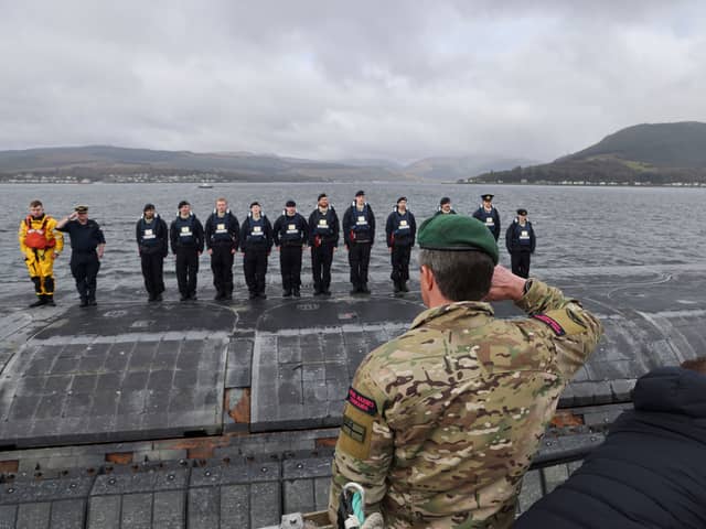 First Sea Lord, General Sir Gwyn Jenkins KCB OBE ADC saluting the casing party as he departs. Prime Minister Keir Starmer and Defence Secretary John Healey MP joined the First Sea Lord, and Chief of Defence Nuclear on the Clyde to welcome home the Vanguard-class submarine as it returned from patrol.
