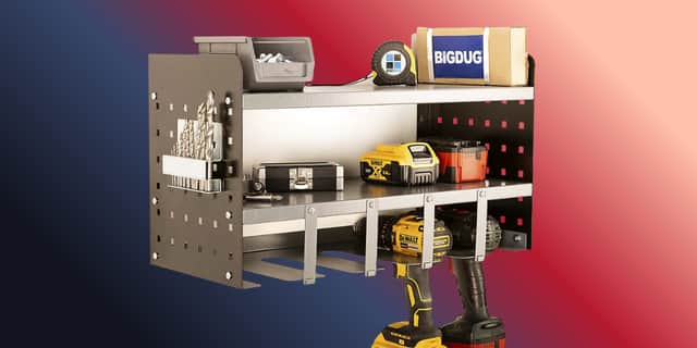 A compact BiGDUG power tool rack designed to keep drills, batteries and accessories tidy and within easy reach
