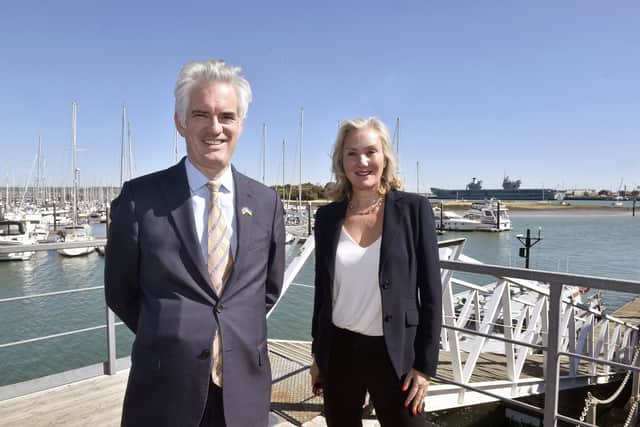 A "hive of maritime activity" in Gosport is bolstering the Royal Navy and the town's job market. Pictured is: Shadow defence secretary James Cartlidge and Gosport MP Dame Caroline Dinenage.