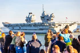 Royal Navy flagship HMS Prince of Wales leaving Portsmouth on April 24, bound for sea trials. She will soon take part in Operation Firecrest.