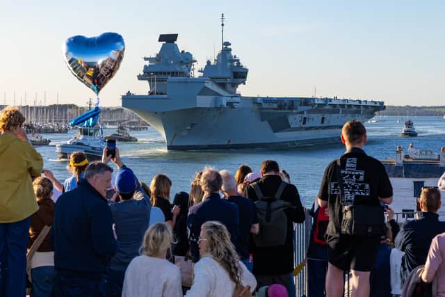 Royal Navy flagship HMS Prince of Wales leaving Portsmouth on April 24, bound for sea trials. She will soon be taking part in Operation Firecrest.