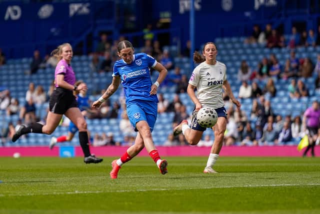 Megan Hornby fires in an effort for Pompey Women during a 1-0 defeat to Nottingham Forest in April