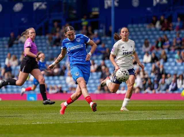 Megan Hornby fires in an effort for Pompey Women in against Nottingham Forest. Picture: Jason Brown