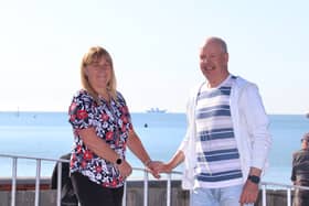 Royal Navy aircraft carrier HMS Queen Elizabeth returns to Portsmouth. Pictured: Hayley and Mark Barnett, of Hilsea, waiting for their son Leading Hand Luke Barnett, 32, who has served for ten years.
Hayley said seeing HMS Queen Elizabeth back at sea is a proud moment for his son and the ship's company.
Mark added that having both carriers at sea puts Donald Trump's brazen insults to bed.