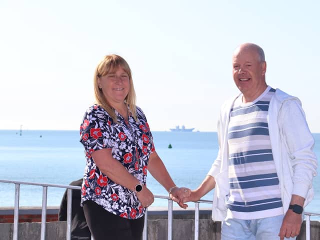 Royal Navy aircraft carrier HMS Queen Elizabeth returns to Portsmouth. Pictured: Hayley and Mark Barnett, of Hilsea, waiting for their son Leading Hand Luke Barnett, 32, who has served for ten years.
Hayley said seeing HMS Queen Elizabeth back at sea is a proud moment for his son and the ship's company.
Mark added that having both carriers at sea puts Donald Trump's brazen insults to bed.