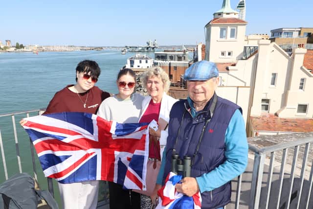 Pictured from L: Rachael Dillon, Elizabeth Harvey, Louise Spiers, and Malcolm Spiers, all waiting to see WO Robert Harvey, of Gosport, aboard HMS Queen Elizabeth.