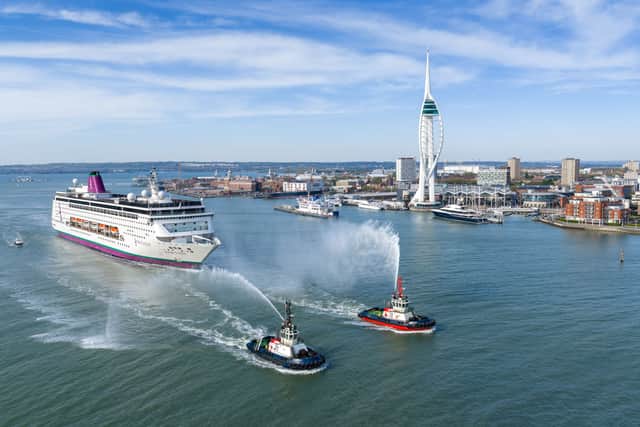 Ambassador cruise ship MS Ambition sailing from Portsmouth International Port and past The Spinnaker Tower on April 22.