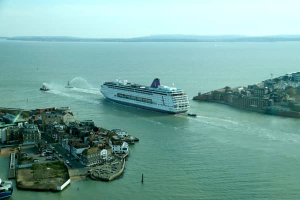 Pictured: Ambassador's MS Ambition cruise ship leaving Portsmouth on April 23.