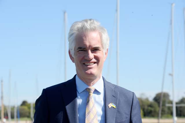 Shadow defence secretary James Cartlidge, Conservative, visited Gosport and UK Docks in Weevil Lane, Gosport, on Friday, April 24, 2026. He's concerned built slots being handed to Norway means the Royal Navy will get fewer new ships.