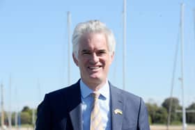 Shadow defence secretary James Cartlidge, Conservative, visited Gosport and UK Docks in Weevil Lane, Gosport, on Friday, April 24, 2026. He's concerned built slots being handed to Norway means the Royal Navy will get fewer new ships.