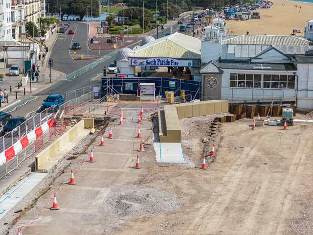 New sea defences by the South Parade Pier with the new concreate units being installed between the promenade and the beach. New planters are also being created. 
Picture: Marcin Jedrysiak