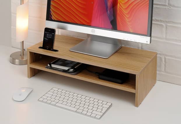 This screen riser is ideal for keeping desktop clutter stored away